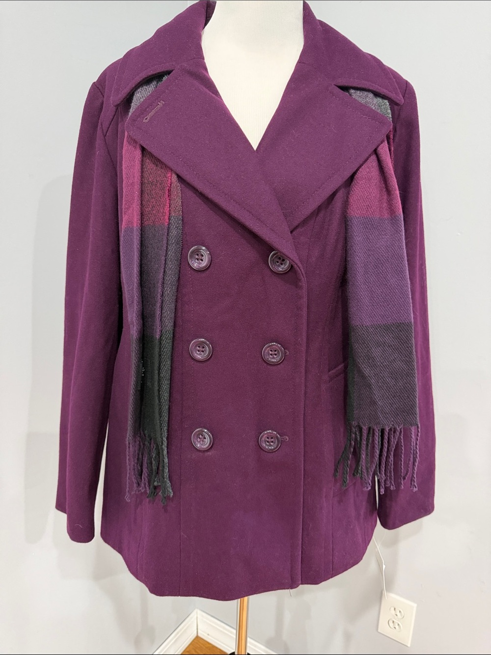 croft & barrow Double-Breasted Purple Peacoat with Matching Plaid Scarf